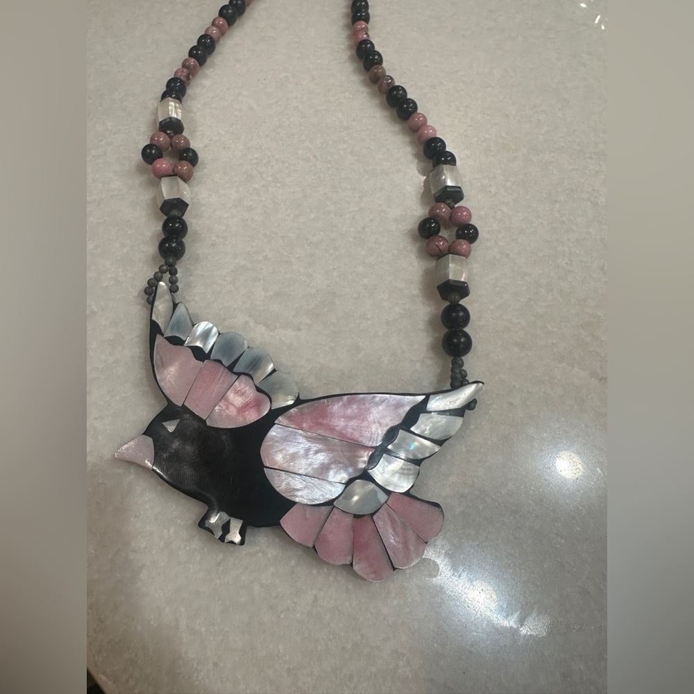 Pink and Black Inlay Bird Pendant Necklace